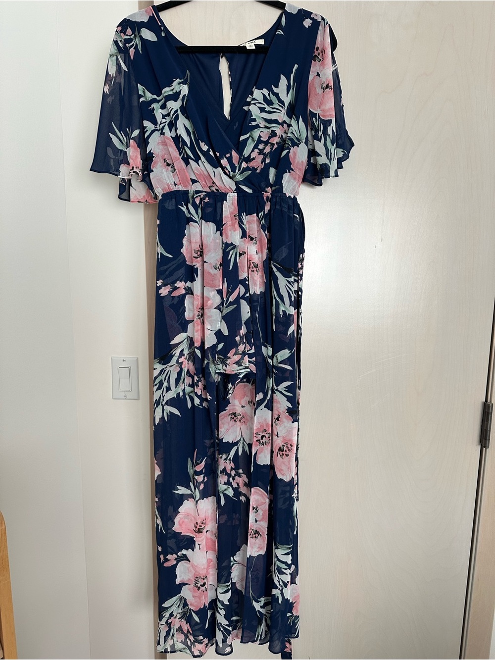 Navy Floral Romper/ Maxi Dress with Pink Blooms